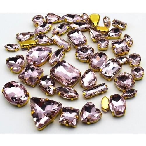 Golden Claw Crystal Pink Mix Shape Glass Crystal Sew on Rhinestones DIY Decoration 45Pcs/Bag
