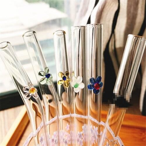 10PCS/set Creative Flower Glass Straw Reusable Glass Drinking Straws Cleaner Brush Bent Glass Straws For Smoothies Juice Tea