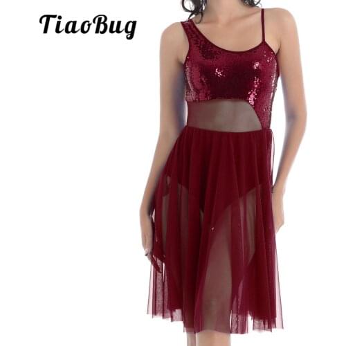 Women Shiny Sequin Split Ballet Leotard Dress Contemporary Lyrical Dance Dresses Stage Costume Dancewear