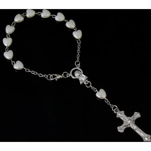 12 Pieces / Catholic Cross Bracelet Heart-shaped Rosary White Imitation Pearl Child Holy Communion Baby Baptism