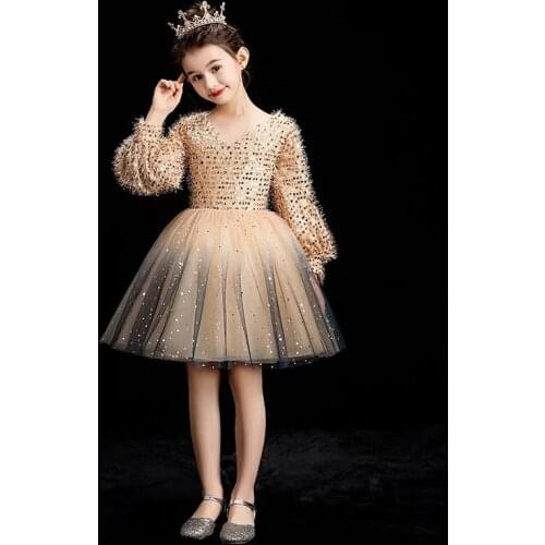 Children Girls Elegant Children Kids Fashion V-Collar Long Sleeves Evening Birthday Party Mesh Dress Toddler Piano Costume Dress