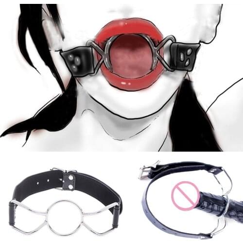 Erotic Toys Metal O Ring Open Mouth Gag,Couple Leather Restraint Blowjob Gag,Fetish Oral Fixation Slave BDSM Game Sex Flirt Tool