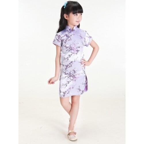 Purple Lovely Baby Qipao Girl summer Dresses Kid Chinese Style Chi-pao Cheongsam New Year Gift Childrens Clothes 0723010