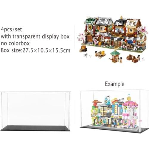 4 Shops LOZ Chinese Blocks Toys for Children City Street Store Building Bricks Architecture Transparent Display Box DIY MOC Gift