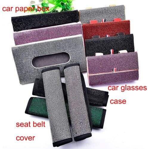 Creative Rhinestone Crystal Car Sun Visor Hanging Glasses Holder Case Tissue Box Storage Seat Belt Cover Interior Decoration Set