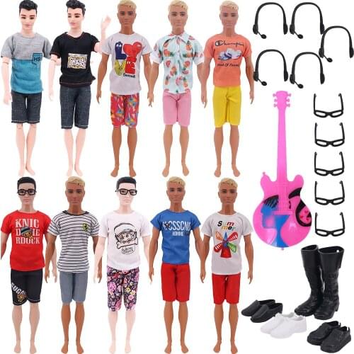 16PCS/Set Ken Doll Clothes Shoes Outfit=1 clothes+4 shoes+5 glasses+5 headphones+1 guitar Fit 11.8 Inch Boy Doll,30cm BJD Dolls