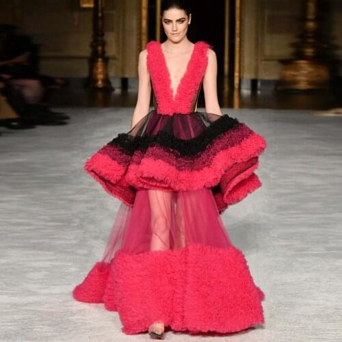 Fashion Sexy Elegant Women Dress Deep V-Neck Tulle Ruffle Layered A-Line Floor Length See Thru Lace Evening Dress Custom Made