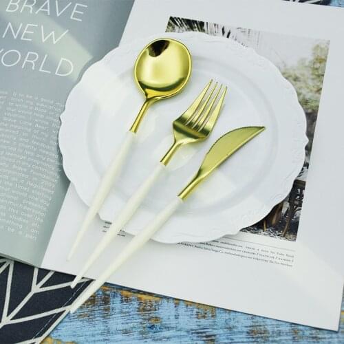 24pcs 8 set Disposable Tableware Pink Gold Plastic Silverware White Silver Cutlery Wedding Birthday Xmas Party Tableware Supply