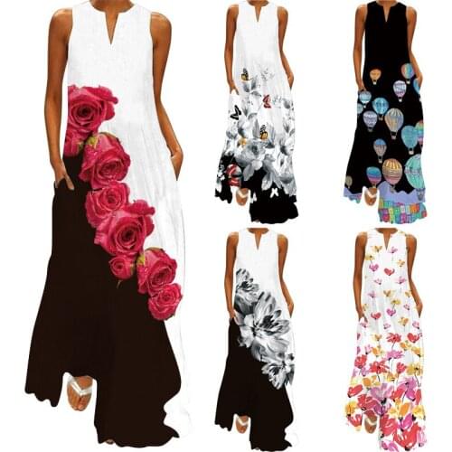 New Fashion Print Casual Womens Dresses Sexy Boho Beach Dresses Women Party Dress V-neck Sleeveless Pocket Plus Size Long Dress