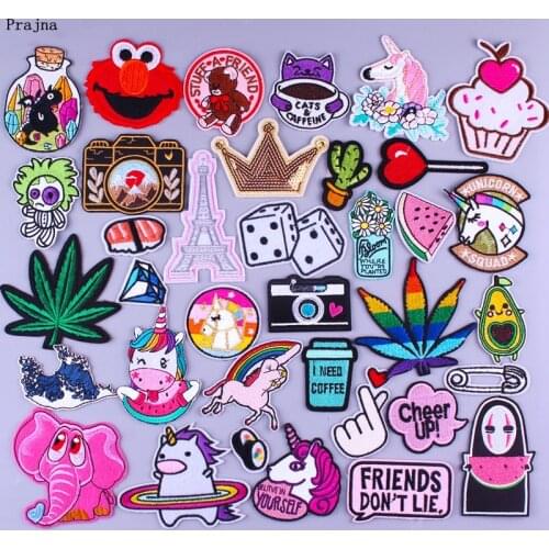 Prajna Cartoon Unicorn Patches Cute Elephant Cat Embroidered Patches For Clothing DIY Iron On Patches Stripe On Clothes Applique