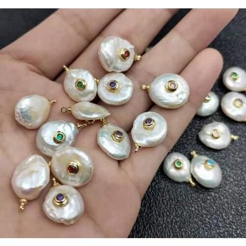 Irregular Round Shape Inlaid CZ Natural White Pearl Beads Charms Pendant Fit Necklace Earrings Bracelet Woman Jewelry Making