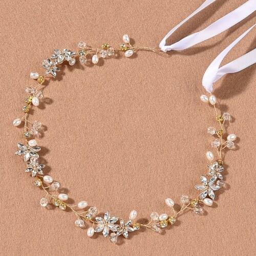 Women Flowers Headband Gold And Silver Pearl Crystal Headdress Fairy Bridal Wedding Hair Accessories Head Decoration With Ribbon