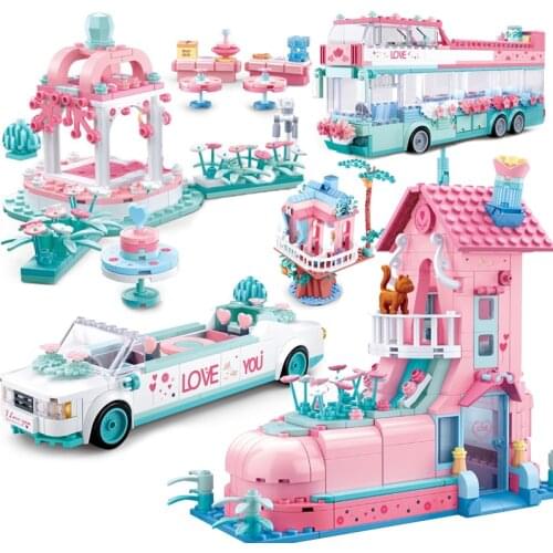 Princess Prince Romantic Pink Wedding Party Dream Wedding Dress Prom Engagement Ceremony Building Blocks DIY Model Toys For Girl