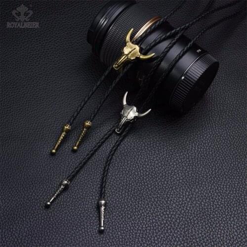 ROYALBEIER Simple Bull Head Long Necklace Punk Black Leather Slide Vintage Necklace For Women Man Girl Jewelry Charms XL0659