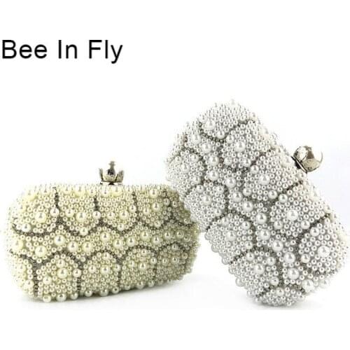 Luxury Crystal Evening Clutch Bag Women Oval Shaped Pearl Beaded Handbag Ladies Wedding Purse Party Rhinestones Pearl Wallet New