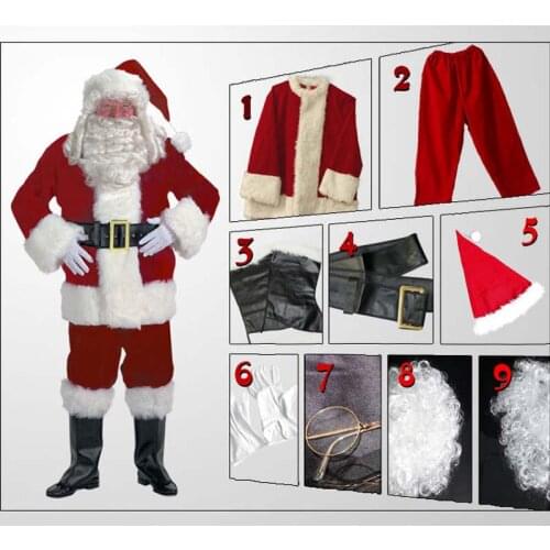 Christmas santa claus costume for men women adult Cosplay Costumes Party red Suit Coat Pants Beard Hat Set Clothes Xmas Costume