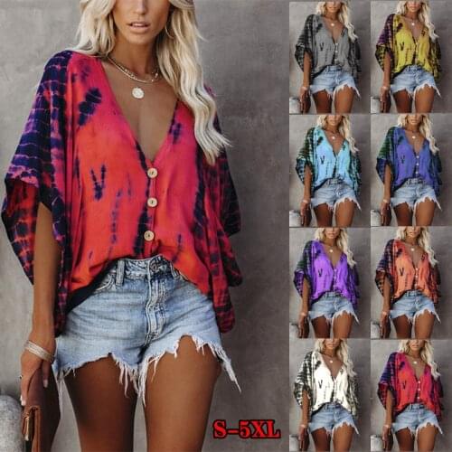 S-5XL 2021 Summer New Chiffon V-neck Bat Sleeve Tie-dye Printed Short-sleeved Shirt Deep V-neck Casual Plus Size Blouse Women