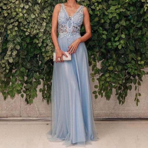 Blue lace prom dresses 2020 tulle a line v neck sheer bodice sexy evening dresses formal dresses