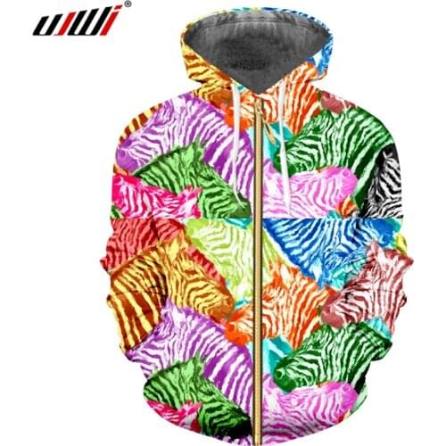 UJWI Zipper Hoodies Man New Personality 3D Printed Funny Zebra Colorful Big Size Unisex Zip Hooded Sweatshirts