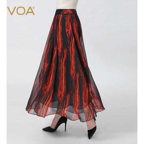 VOA Women Tie Dye Quality Silk Chiffon Ankle-Length Skirt Streetwear Side Zipper Office Ladies Elegant Chic A-line Skirts CE121