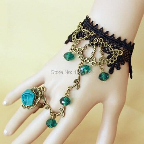 Handmade Victorian Bracelet Woman Bangle Gothic Wristband Fairy Princess Hand Accessories Green Glass Crystal Prom Party Jewelry