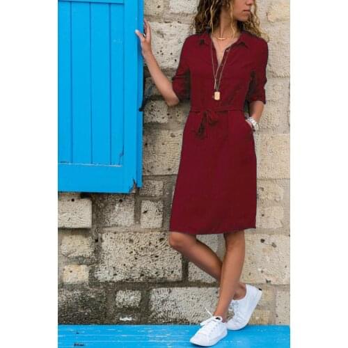 2020 Summer New Women Three Quarter Sleeve Turn-down Collar Solid Casual Dress Vestidos Office Lady Shirt Dresses