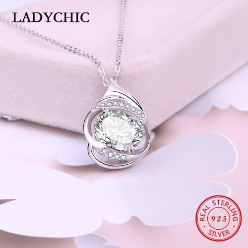 LADYCHIC 925 Sterling Silver Necklace for Women Luxury Big Oval Shape AAA+ Zircon Pendant Festival Wedding Party Jewelry LNS1026