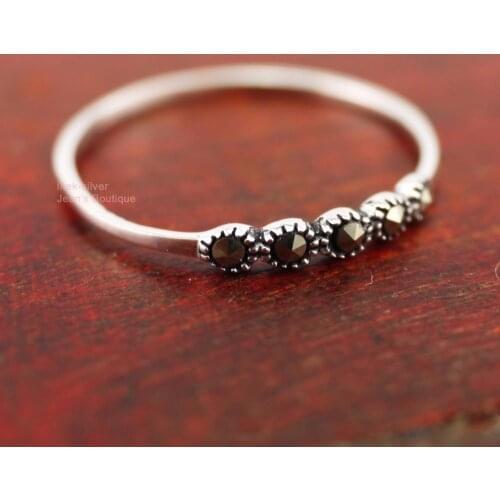 925 Sterling Silver Retro Simple Line Marcasite Stones Small THIN 2.3mm Ring Gift A3154