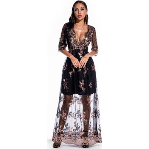 Ziamonga 2021 Sequin Mesh Dress Sexy Party Maxi Elegant Dresses Summer Women Half Sleeve Long Dress Floor Length Bodycon Dresses