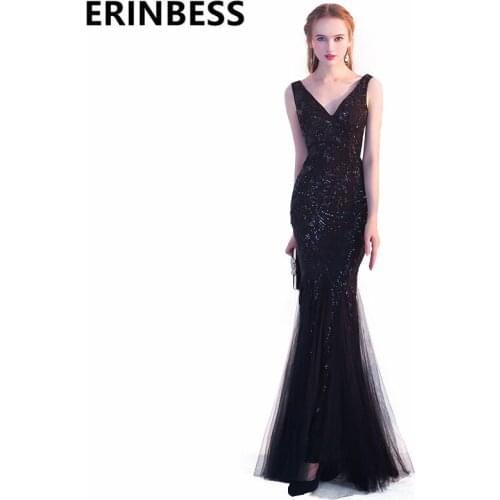 Sexy V Neck Sequined Beaded Black Mermaid Prom Dresses Vestido De Festa Long Floor Length Sweep Train Women Formal Party Gowns