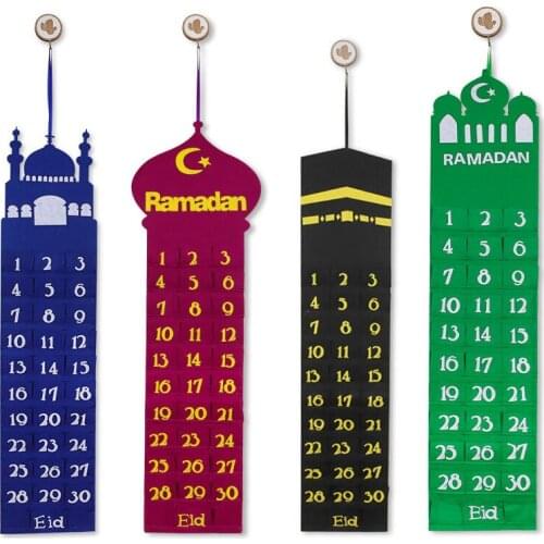 1pcs Ramadan Eid Mubarak Kareem Countdown Calendar Islamic Fabric Storage Bag Calendar Hanging Bag Muslim Hanging Decoration