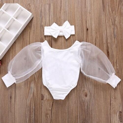Newborn Kids Baby Girls clothes off shoulder Lace sheer long Mesh Puff Sleeve Bodysuit Bow Headband 2pc Toddler cotton outfit