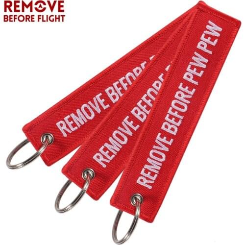 3 PCS/LOT Red REMOVE BEFORE PEW PEW Keychain for Aviation Gift Christmas Keychains Luggage Tag Embroidery Crew Key Chain