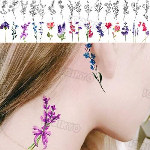 Watercolor Anemone Temporary Tattoos For Women Girls Realistic Daisy Lavender Fake Tattoo Sticker Waterproof Ear Neck Tattoos
