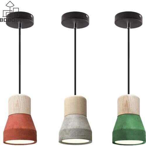 BDBQBL Modern LED Pendant Lights Green/Red/Black/Gray E27 Base Hanging Lamp For Bedroom Dining Room 90-240V Cement/Wood Hanglamp