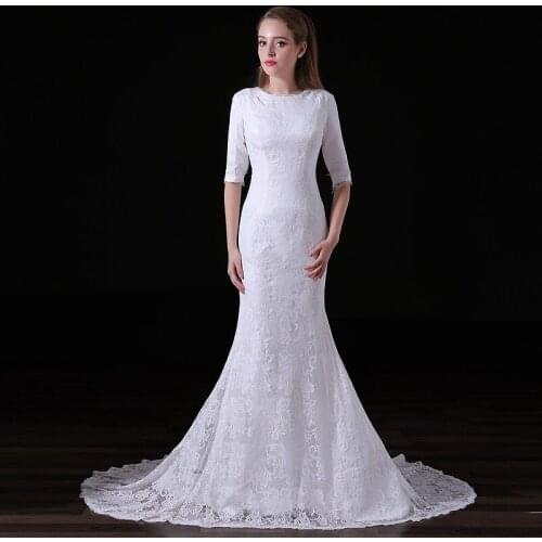 E JUE SHUNG White Lace Mermaid Wedding Dresses 2018 Half Sleeves Muslim Bridal Dresses Elegant Wedding Gowns robe mariage