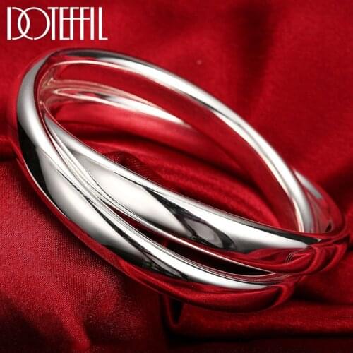 DOTEFFIL 925 Sterling Silver Smooth Double Big Ring Diameter 7cm Bangle Bracelet Fashion Charm Woman Jewelry