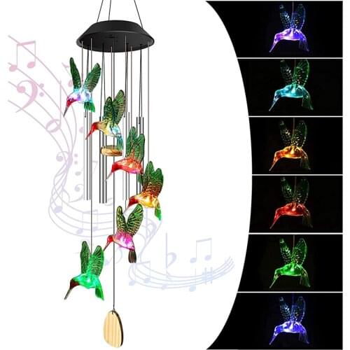 Color Changing Hummingbird Solar Wind Chime Hanging Solar Garden Light Aluminum Tubes Memorial Wind Bell for Garden Yard Patio