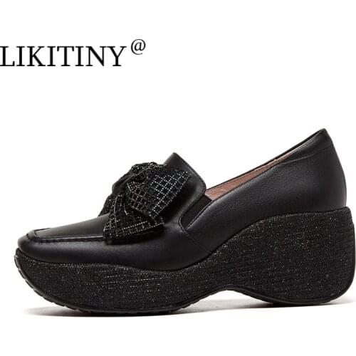 LIKITINY 2021 Fashion Autumn Genuine leather Women‘s shoes White Elegant Butterfly-knot Comfortable Wedges slip on Pumps