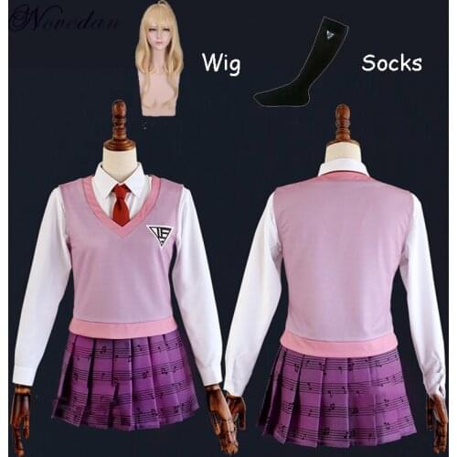 New Game Danganronpa V3 Akamatsu Kaede Cosplay Costume Japanese Anime School Uniform Clothes Set Shirt Vest Skirt Tie Sock Wig