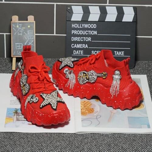 021 new fashion brand red old shoes womens 2 heavy industry rhinestone star platform stretch knit sports casual shoes