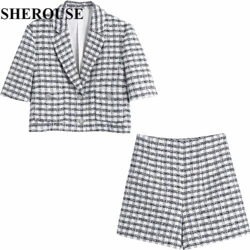 2021 New Fashion Women 2 Piece Set Plaid Single Breasted Blazer & Shorts Vintage Chic Lady Woman suits Two-piece Set Outfits