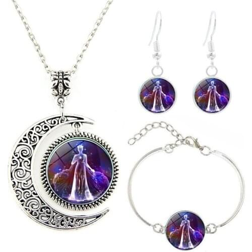 2021 New Zodiac Time Gem Necklace Set Moon Pendant Bracelet Earring Set