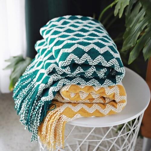 All Match Geometry Throw Blanket Sofa Decorative Slipcover Cobertor on Sofa Ripple Tassel Green Yellow Beach Knitted Blankets