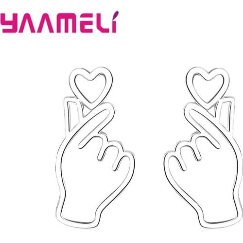 Latest Hot Selling Finger Heart Stud Earrings Original 925 Sterling Silver Hip Hop Jewelry for Women Girls Birthday Gift