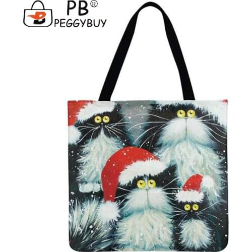 Casual Cute Cats Flower Cartoon Figure Scenery Printed Shoulder Shopping Tote Bag Portable Large Capacity Linen Storage Handbags