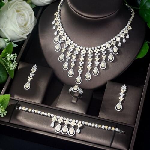 HIBRIDE Sparkling Luxury Leaf Charms 4Pcs Statement Necklace Earring Bangle Ring Sets Luxury Nigerian Dubai Jewelry Sets for Women Cubic Zircon Wedding Bridal Jewelry Sets Bijoux Femme 2019 N-1136
