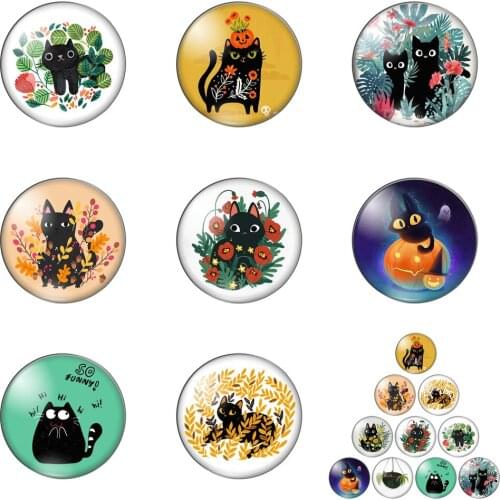 Black Cat Flowers and Grass Lovely Animals 12mm/20mm/25mm/30mm Round Photo Glass Cabochon Demo Flat Back Making Findings