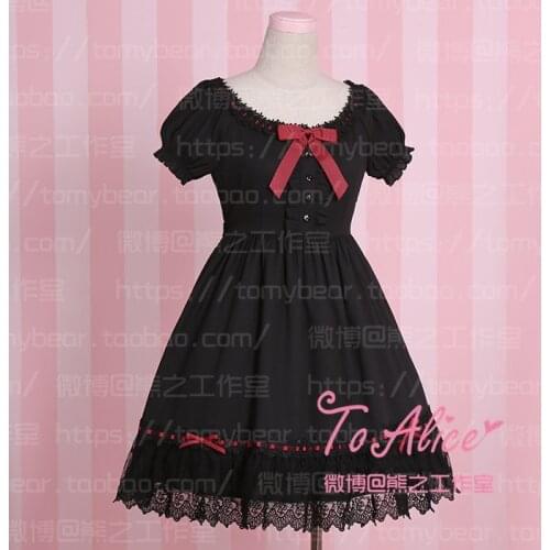 Super Cute Girls Black Lace Dress Red Ribbon Big Bow Short Sleeve Lolita Dress