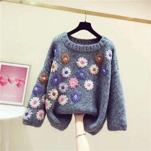 Women 2021 Autumn Winter Fashion Vintage Embroidered Sweaters New Female Casual Loose Pullover Knitted Sweater Jumper Tops S960